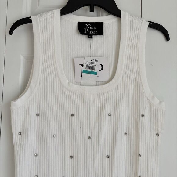 NINA PARKER WOMENS TOP/VEST BRIGHT WHITE SLEEVELES KNIT SCOOP NECK RHINESTONES - Picture 6 of 6
